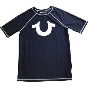 TRUE RELIGION Rash Guard T Shirt, Swim Surf.  Dark Blue.  White Logo.  Short Sle